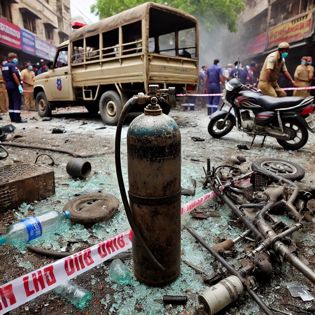 Close-up view of the aftermath of an oxygen cylinder explosion in Patna, showing a damaged oxygen cylinder with a broken nozzle, scattered metal debris, and shattered glass on the ground. A damaged scooter and part of a pickup van are visible in the background, with emergency personnel and police tape marking the area filled with dust and smoke