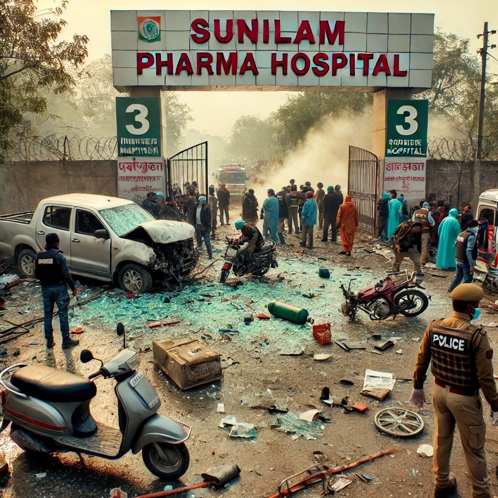 Aftermath of an oxygen cylinder explosion outside a hospital gate in Patna, showing a damaged pickup van, shattered glass, a broken scooter, scattered debris, and emergency personnel inspecting the site while onlookers gather in the background."